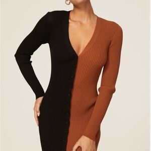 STAUD Black and Brown Asymmetrical Button Bodycon Dress